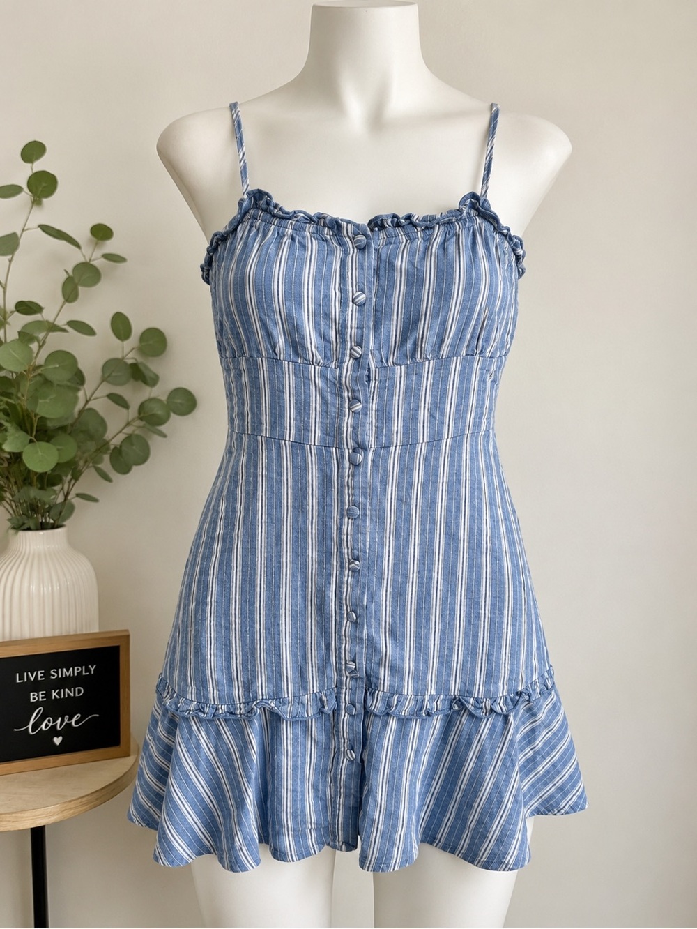 100% Cotton Forever 21 Blue White Striped Mini Dress Button Front Ruffle Hem Med